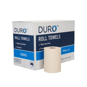 a roll of 0080G Duro Roll Towel sits in front of its carton