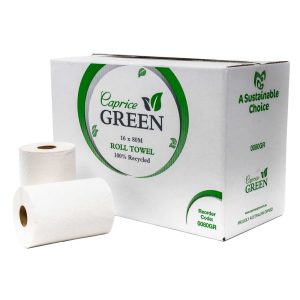 two rolls of 0080GR Caprice Green recycled roll towel sit in front of its carton