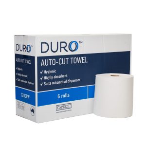 a roll of white 0200PW Duro Auto Cut towel sits in front of its carton