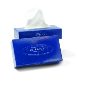 two packs of 1048CW Ultrasoft facial tissues, white tissues in blue boxes