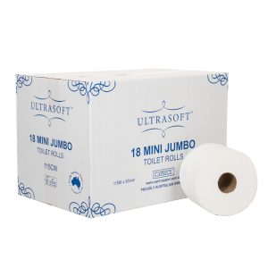 one roll of 115CW Ultrasoft mini jumbo sits in front of its carton