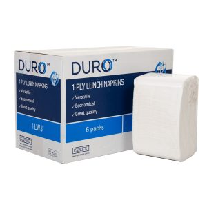 a packet of white Duro 1LW3 lunch napkins sits in front of its carton