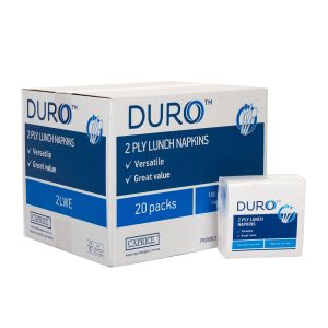 a packet of white Duro 2LWE lunch napkins sits in front of its carton