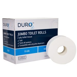 a Duro 300V jumbo toilet roll sits in front of its carton