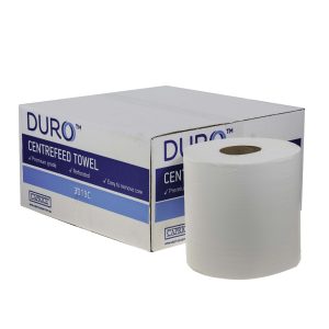 a roll of white 3019C Duro centrefeed towel sits in front of its carton