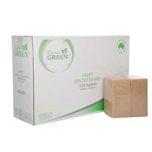 a packet of Caprice Green Kraft quilted dinner napkins sits in front of its carton