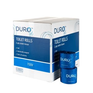 two rolls of 700V Duro toilet rolls sit in front of its carton