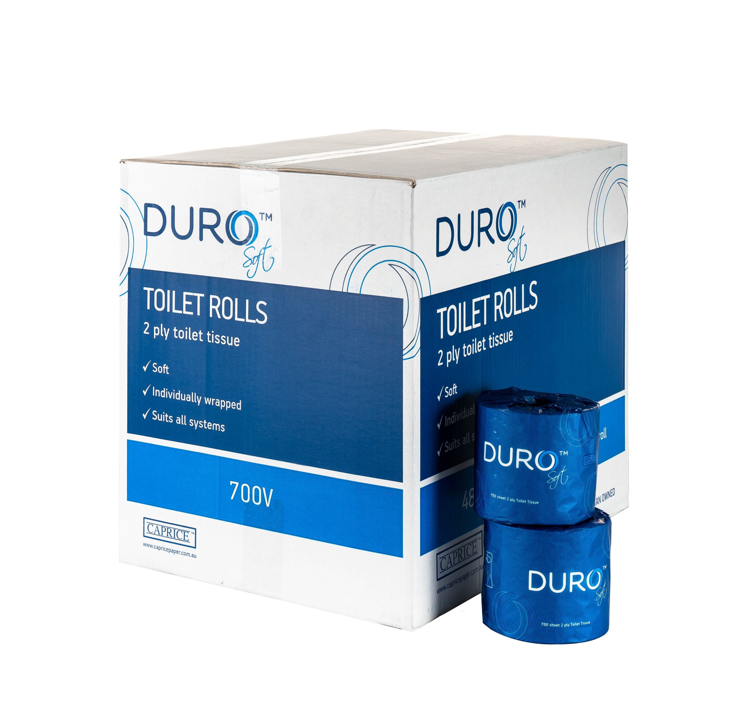 two rolls of 700V Duro toilet rolls sit in front of its carton
