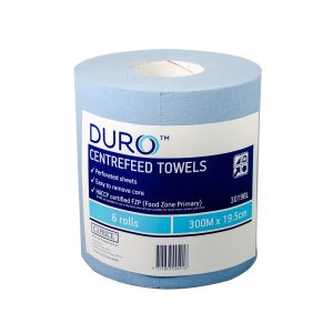 a roll of blue 3019BL Duro centrefeed towel