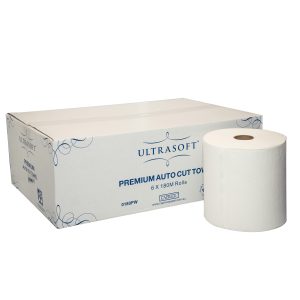 one roll of white 0180PW Ultrasoft Premium Auto Cut towel sits in front of its carton