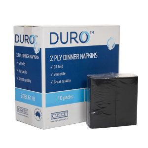 a packet of black 2DBLK1/8 napkins sits in front of its carton