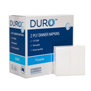 a packet of 2DWE napkins sits in front of its carton