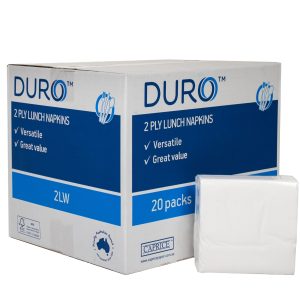 a packet of 2LW napkins sits in front of its carton